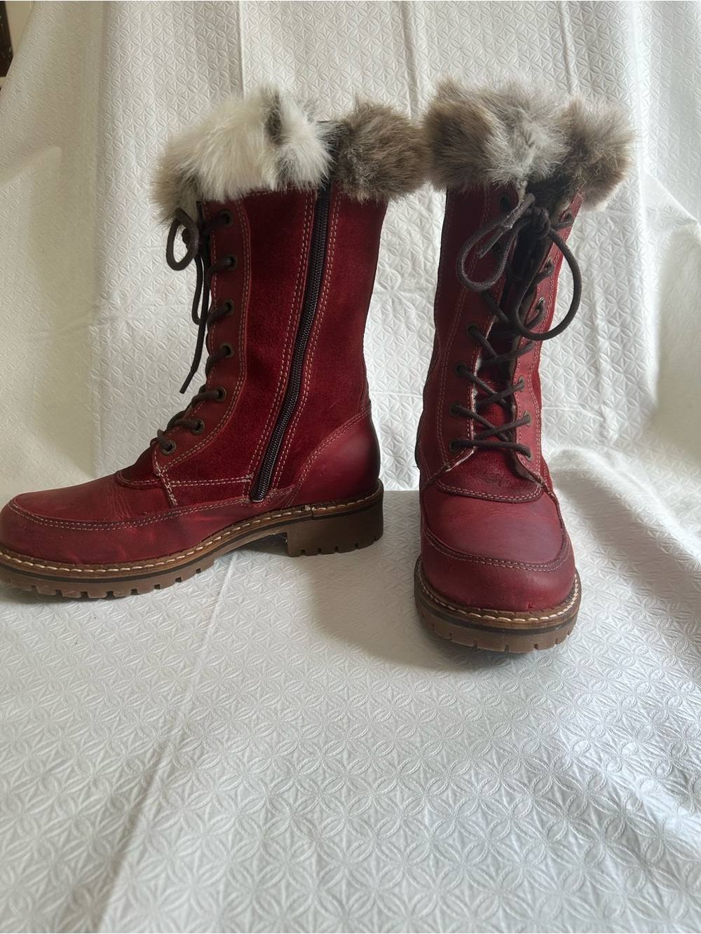 Womenβs Red Fur-Trimmed Lace-Up/Side Zipper Winter Boots